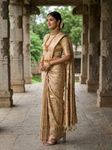 MIMOSA Half White Banarasi Art Silk Saree — Face and jewelry detail