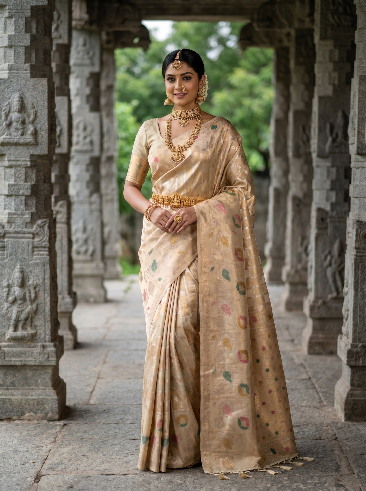 MIMOSA Half White Banarasi Art Silk Saree — Torso view showing blouse and pallu drape