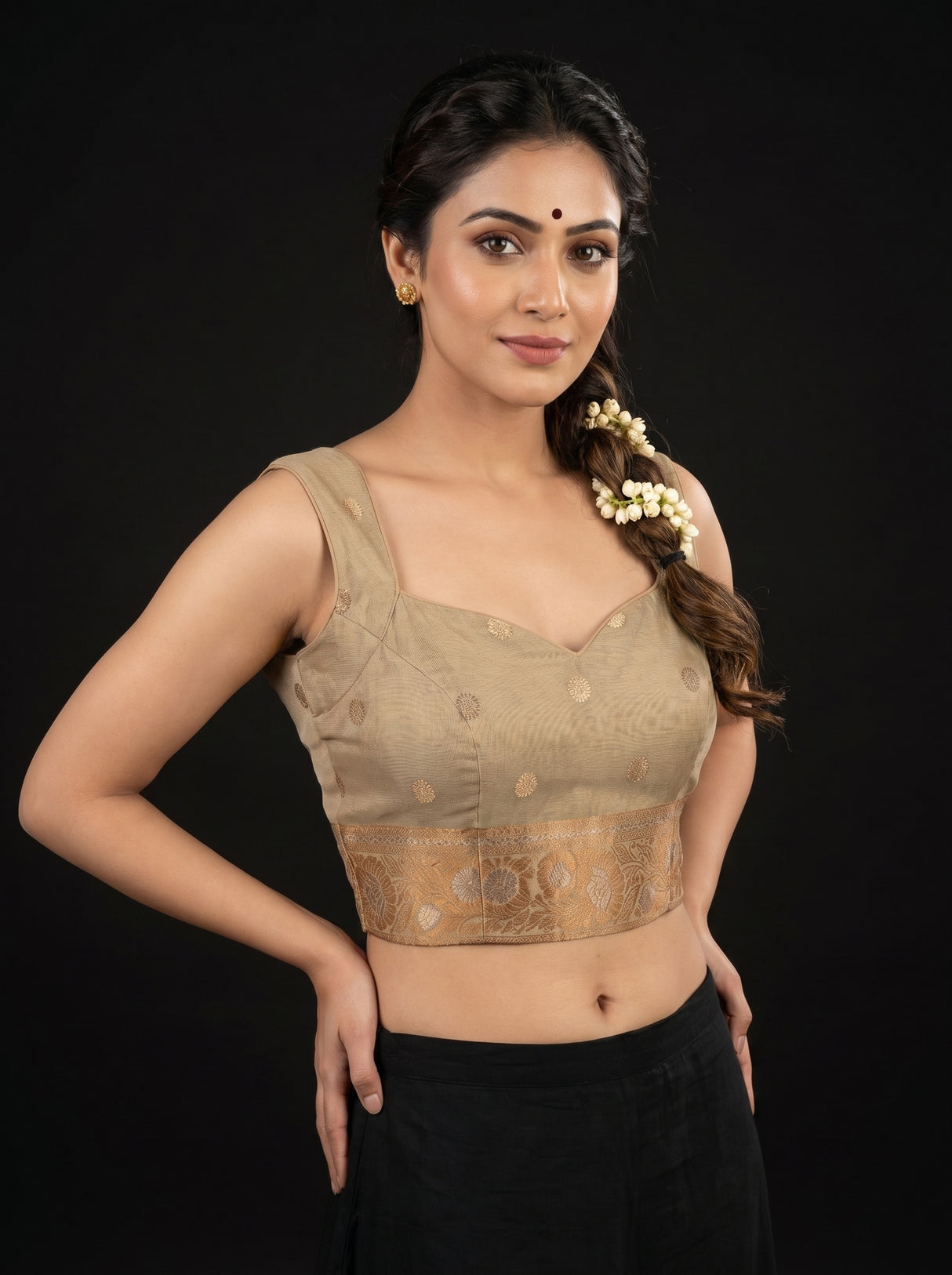 MIMOSA Half White Banarasi Art Silk Saree — Side view of the model and background