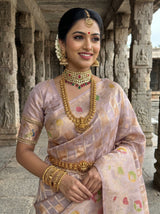 MIMOSA Lavender Banarasi Art Silk Saree — Side view of the model and background