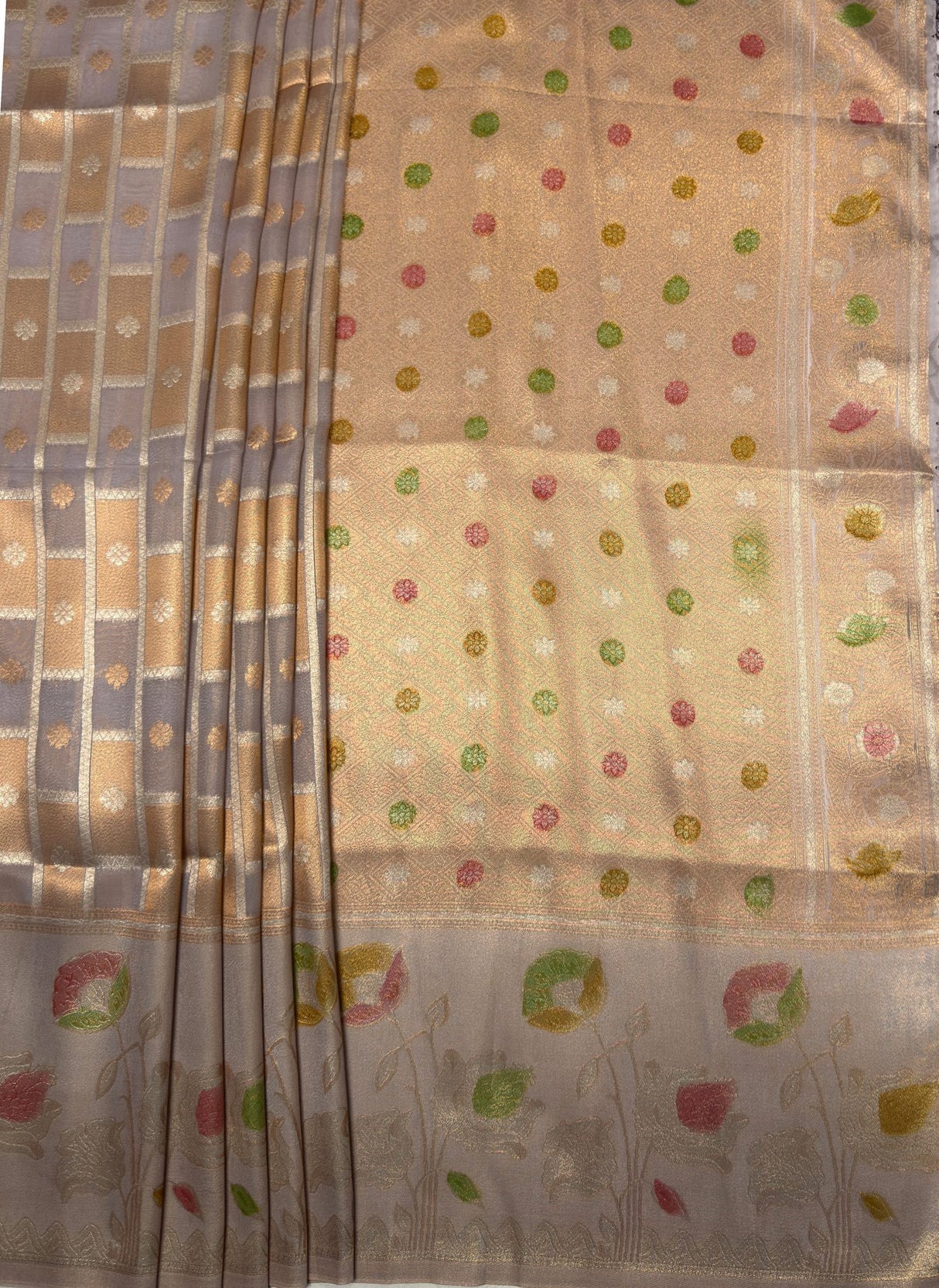 MIMOSA Lavender Banarasi Art Silk Saree — View of the saree hem and footwear