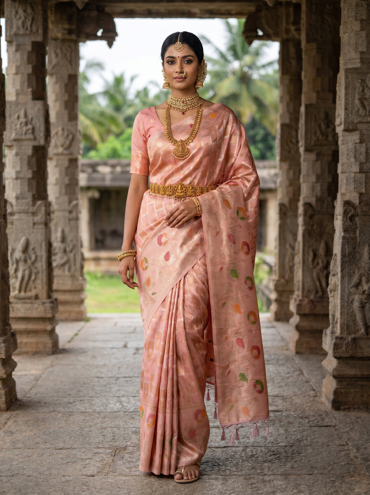 MIMOSA Peach Banarasi Art Silk Saree — Full view on model