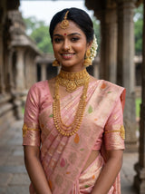 MIMOSA Peach Banarasi Art Silk Saree — Torso view showing blouse and pallu drape