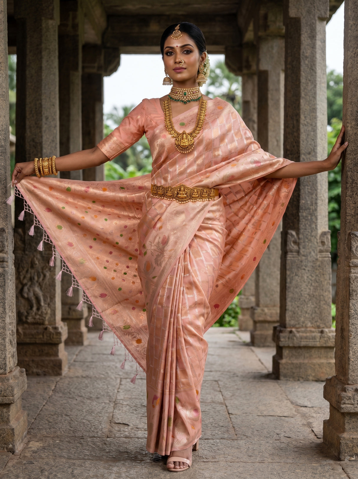 MIMOSA Peach Banarasi Art Silk Saree — Close-up of the border and hand pose
