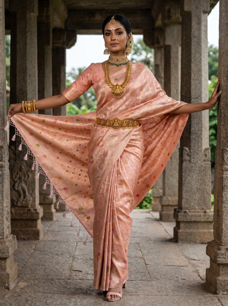 MIMOSA Peach Banarasi Art Silk Saree — Close-up of the border and hand pose