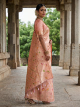 MIMOSA Peach Banarasi Art Silk Saree — Face and jewelry detail