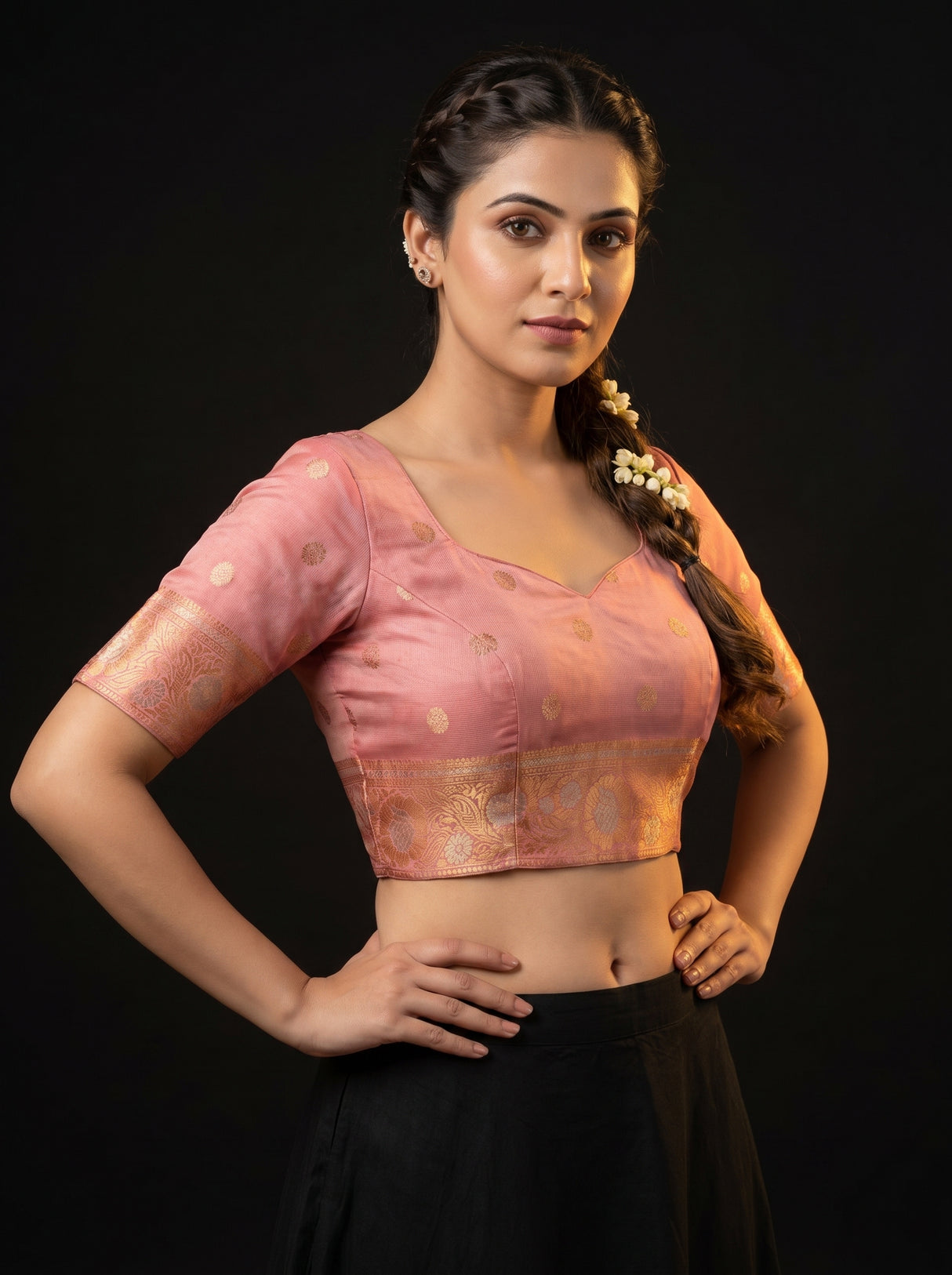 MIMOSA Peach Banarasi Art Silk Saree — Side view of the model and background