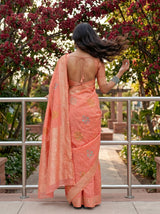 MIMOSA Gajari Banarasi Linen Saree — pose 2 styling detail