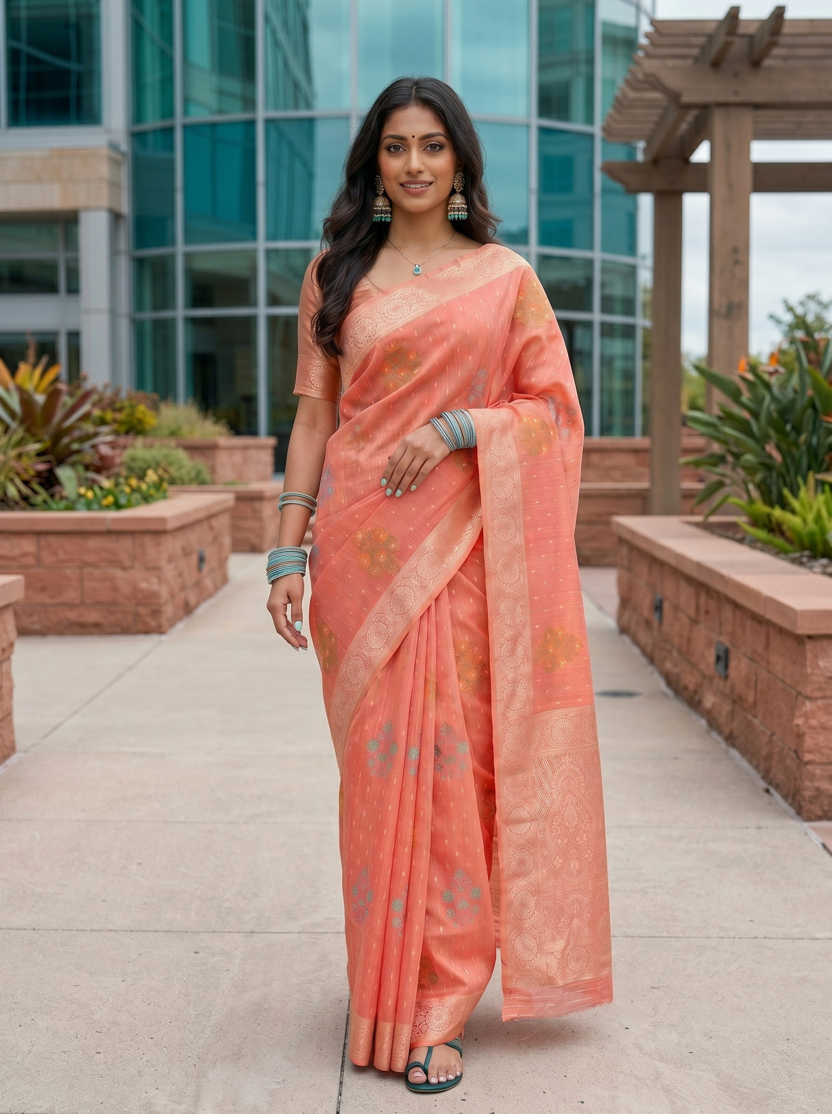 MIMOSA Gajari Banarasi Linen Saree — pose 6 styling detail