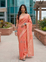 MIMOSA Gajari Banarasi Linen Saree — pose 6 styling detail