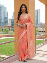 MIMOSA Gajari Banarasi Linen Saree — pose 7 styling detail