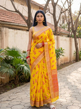MIMOSA Gold Banarasi Linen Saree — front view on mannequin
