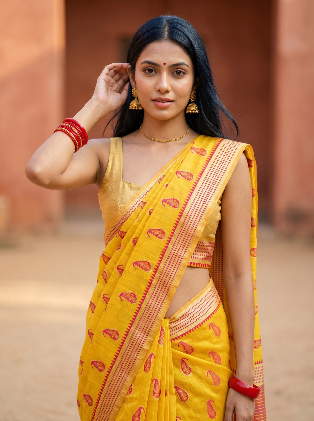 MIMOSA Gold Banarasi Linen Saree — pose 10 styling detail