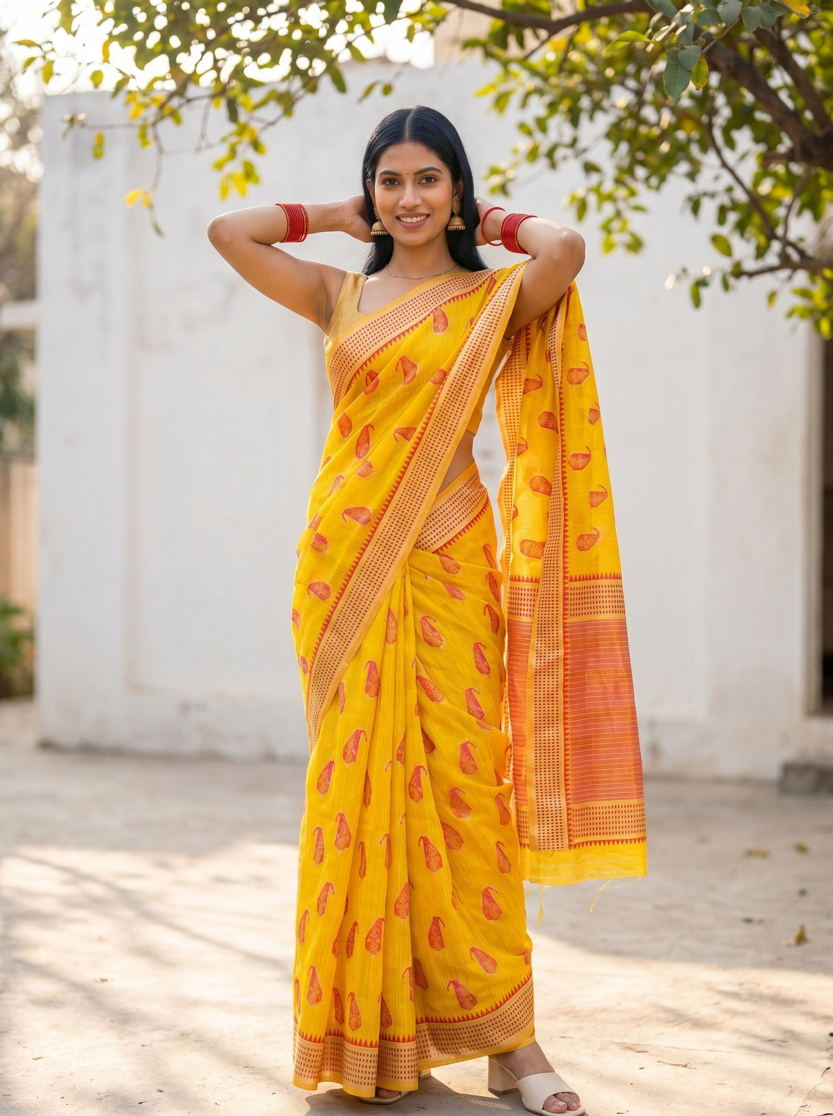 MIMOSA Gold Banarasi Linen Saree — pose 4 styling detail