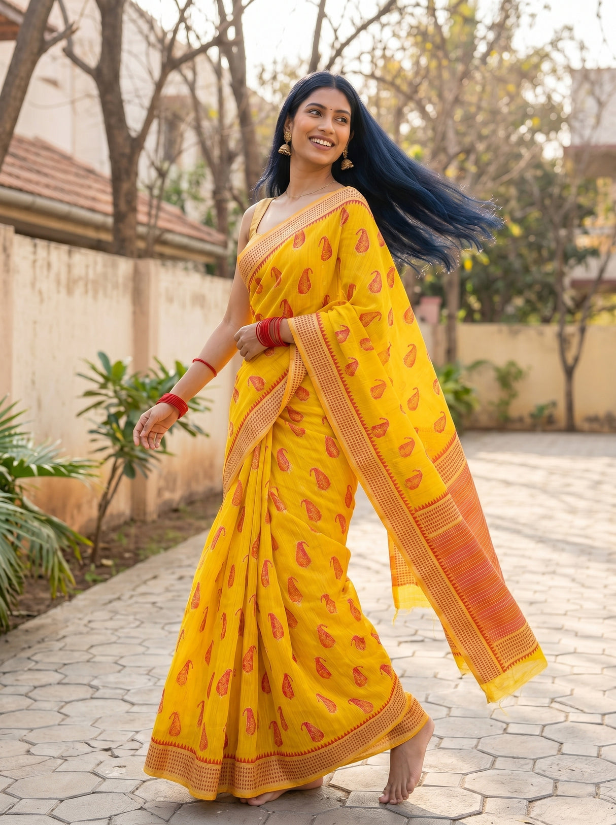 MIMOSA Gold Banarasi Linen Saree — pose 5 styling detail