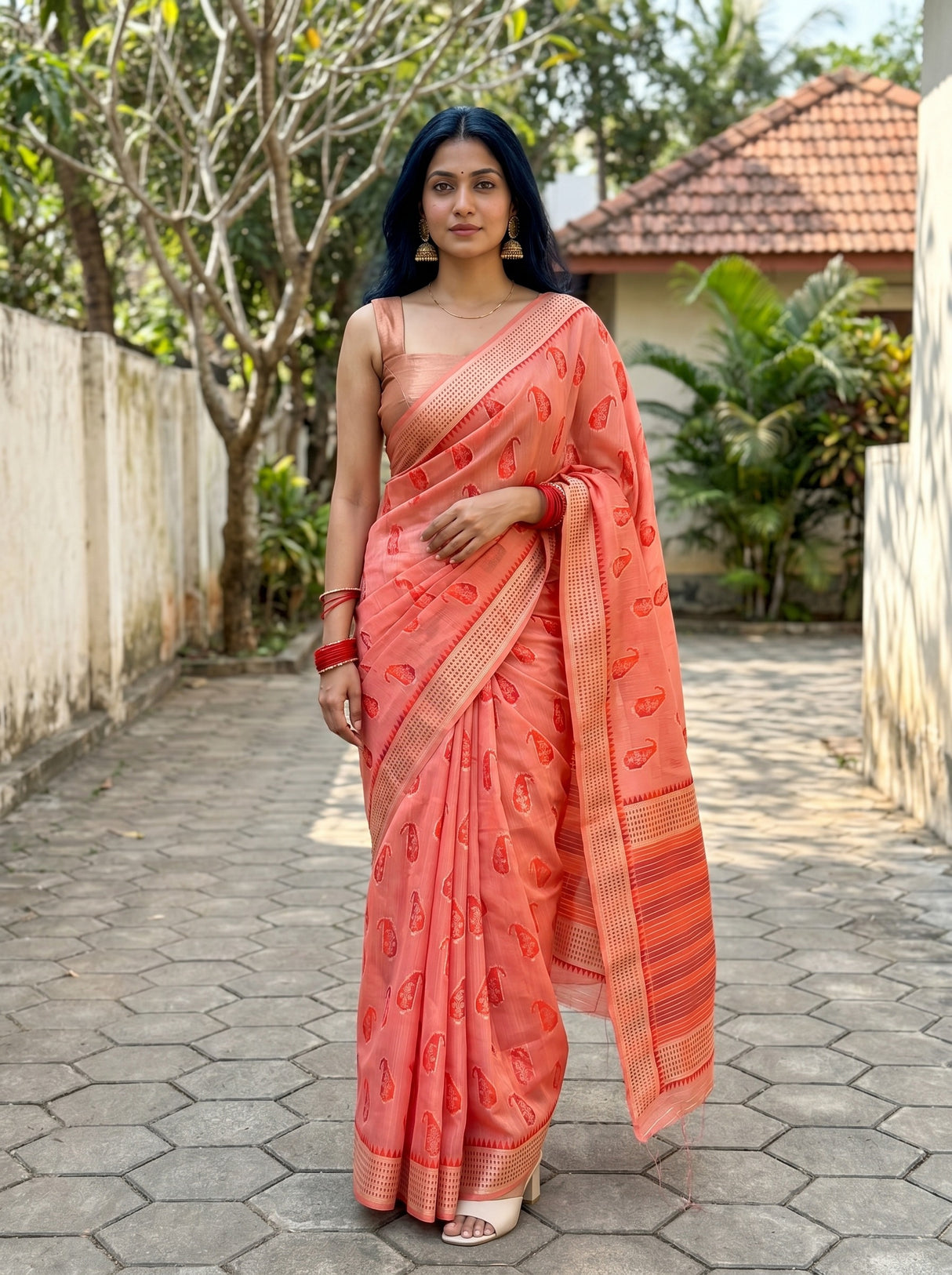 MIMOSA Gajari Banarasi Linen Saree — front view on mannequin