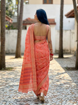 MIMOSA Gajari Banarasi Linen Saree — pose 2 styling detail