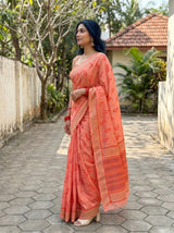 MIMOSA Gajari Banarasi Linen Saree — pose 3 styling detail