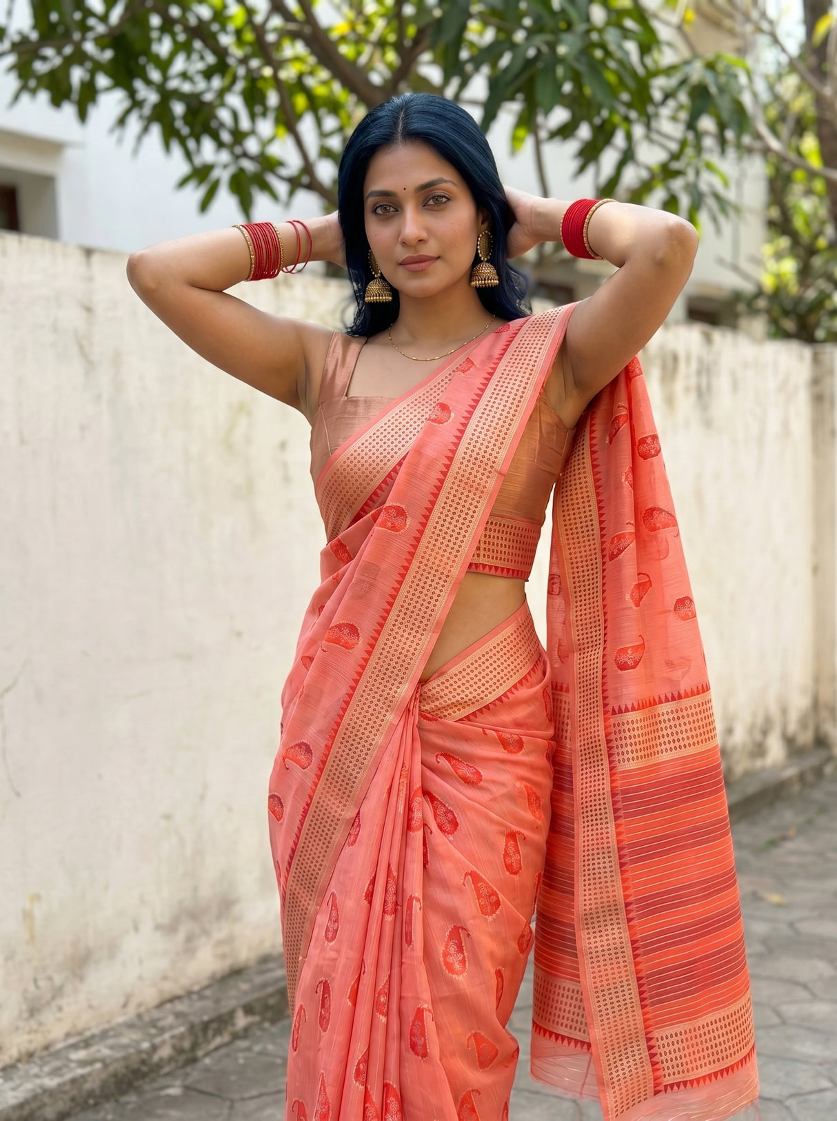 MIMOSA Gajari Banarasi Linen Saree — pose 4 styling detail