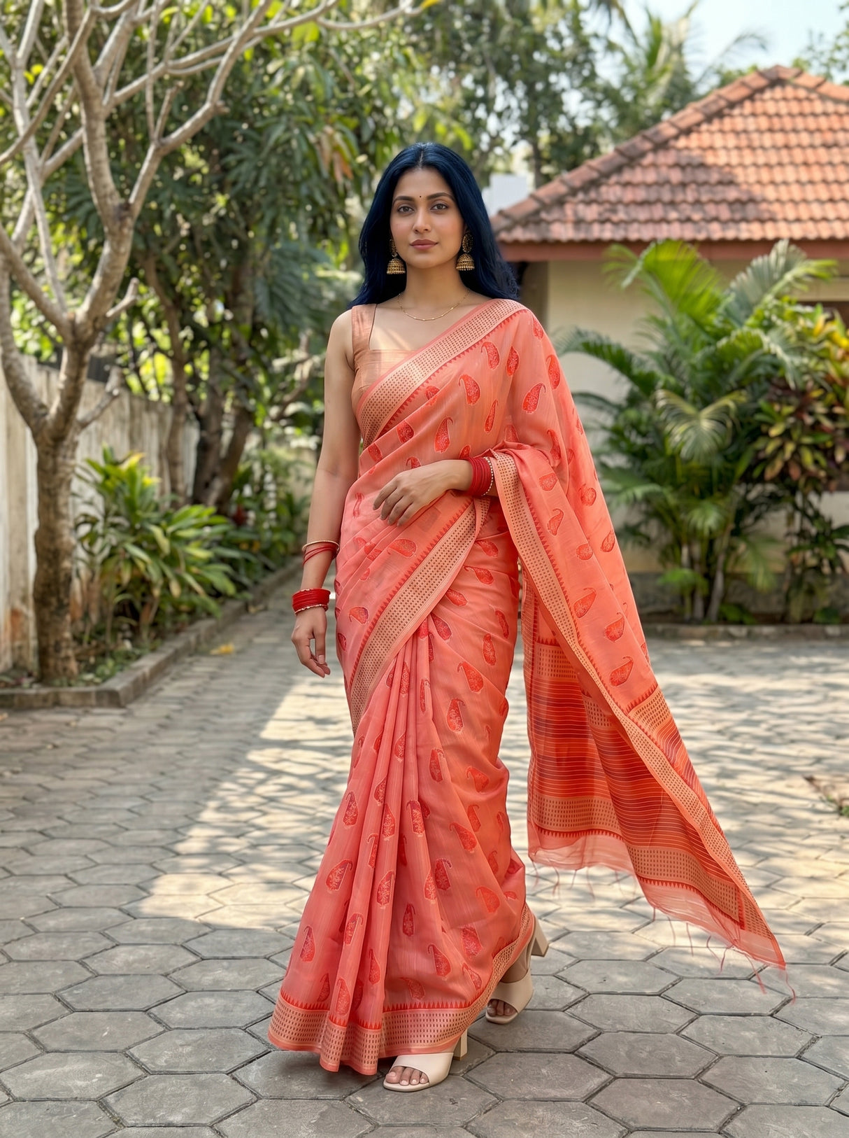 MIMOSA Gajari Banarasi Linen Saree — pose 6 styling detail