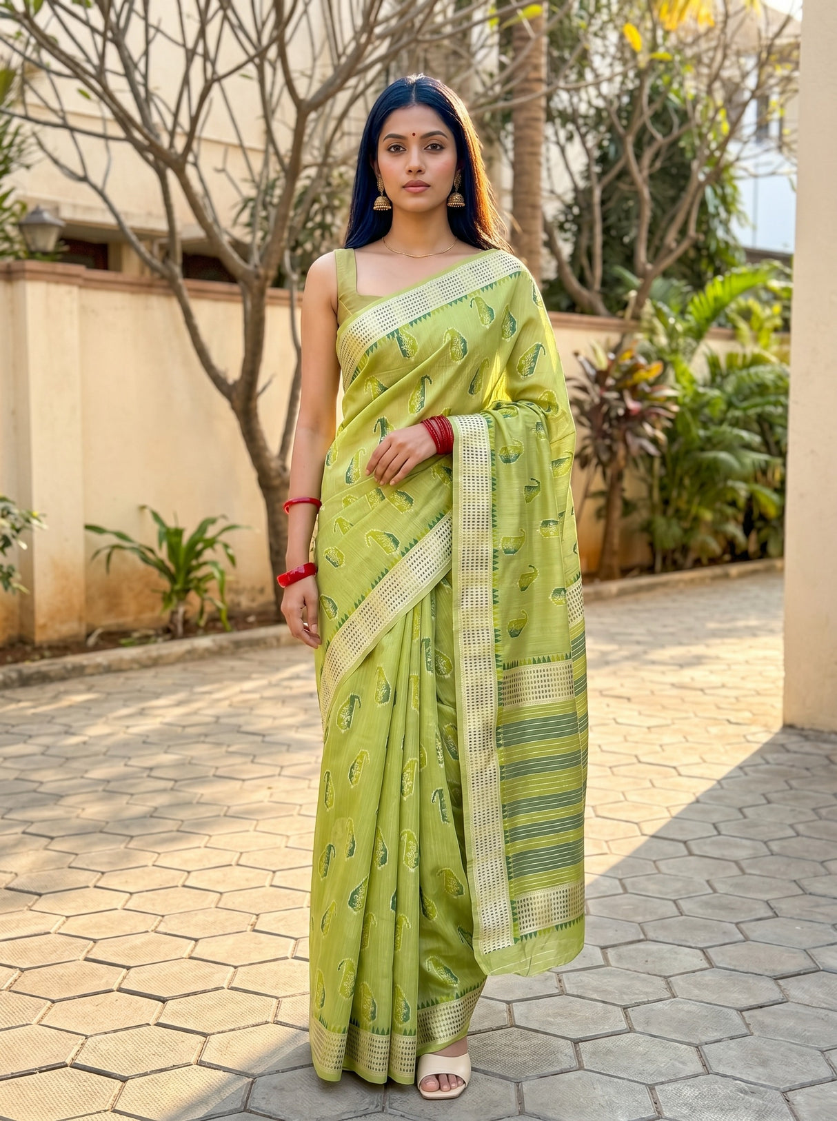 MIMOSA Olive Banarasi Linen Saree — front view on mannequin