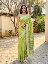 MIMOSA Olive Banarasi Linen Saree — front view on mannequin