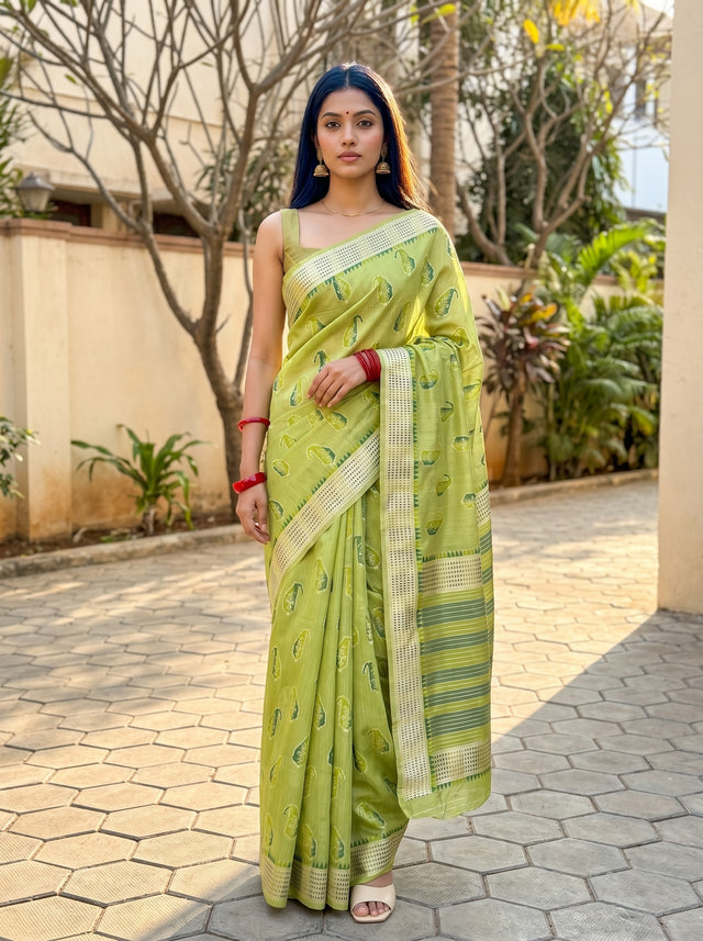 MIMOSA Olive Banarasi Linen Saree — front view on mannequin