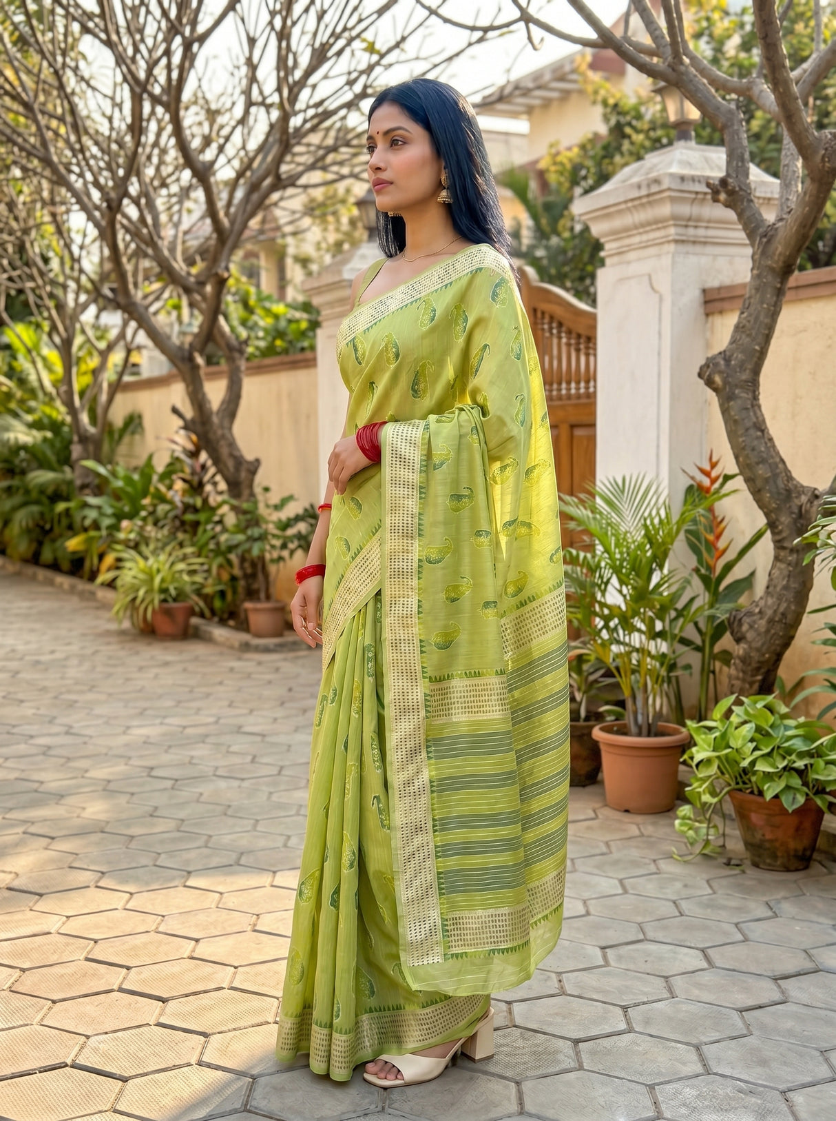 MIMOSA Olive Banarasi Linen Saree — pose 3 styling detail