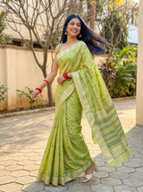 MIMOSA Olive Banarasi Linen Saree — pose 5 styling detail