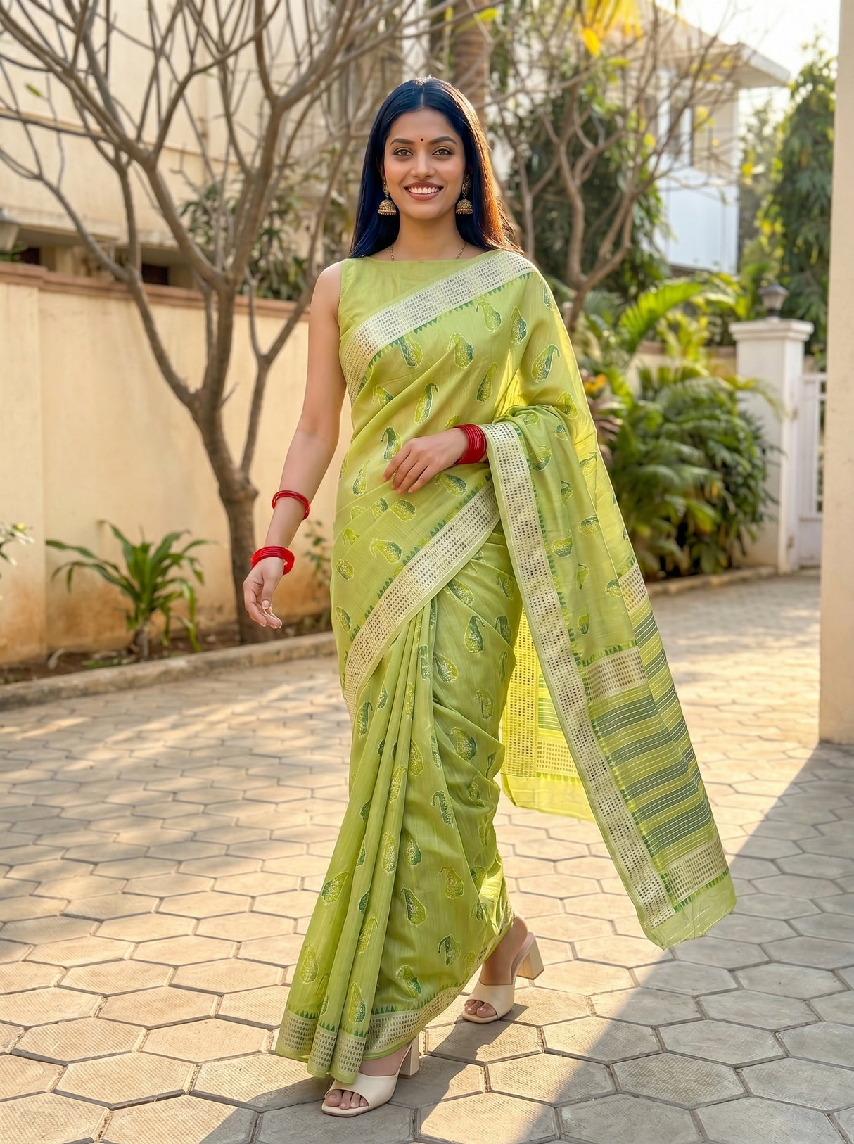 MIMOSA Olive Banarasi Linen Saree — pose 6 styling detail