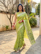 MIMOSA Olive Banarasi Linen Saree — pose 6 styling detail