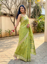 MIMOSA Olive Banarasi Linen Saree — pose 9 styling detail