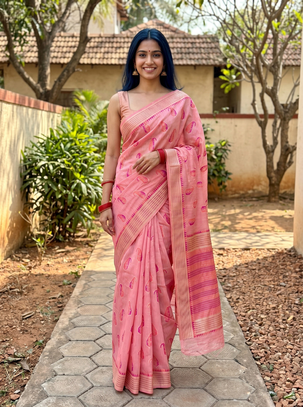 MIMOSA Pink Banarasi Linen Saree — front view on mannequin