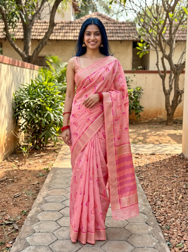 MIMOSA Pink Banarasi Linen Saree — front view on mannequin