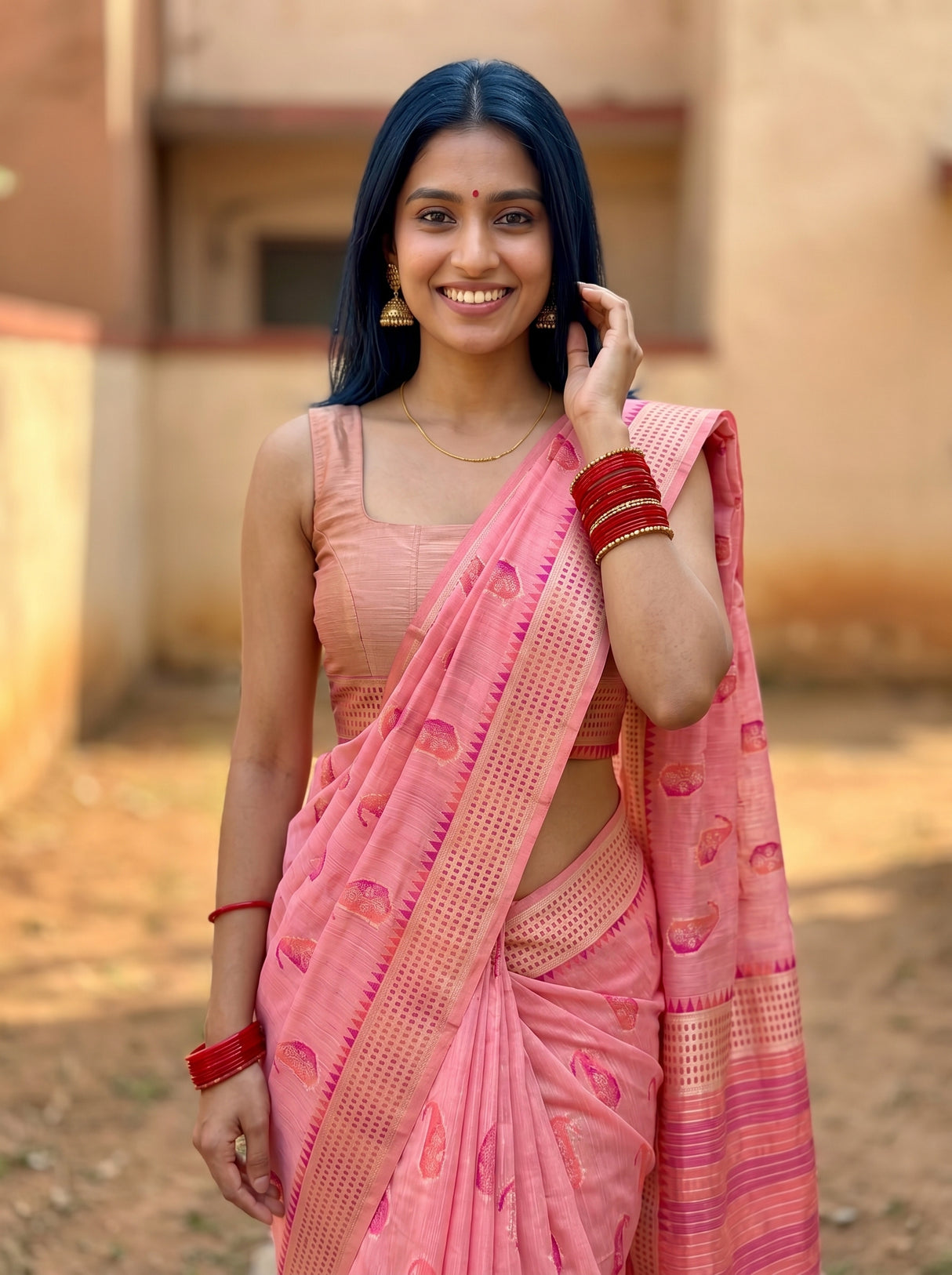 MIMOSA Pink Banarasi Linen Saree — pose 10 styling detail