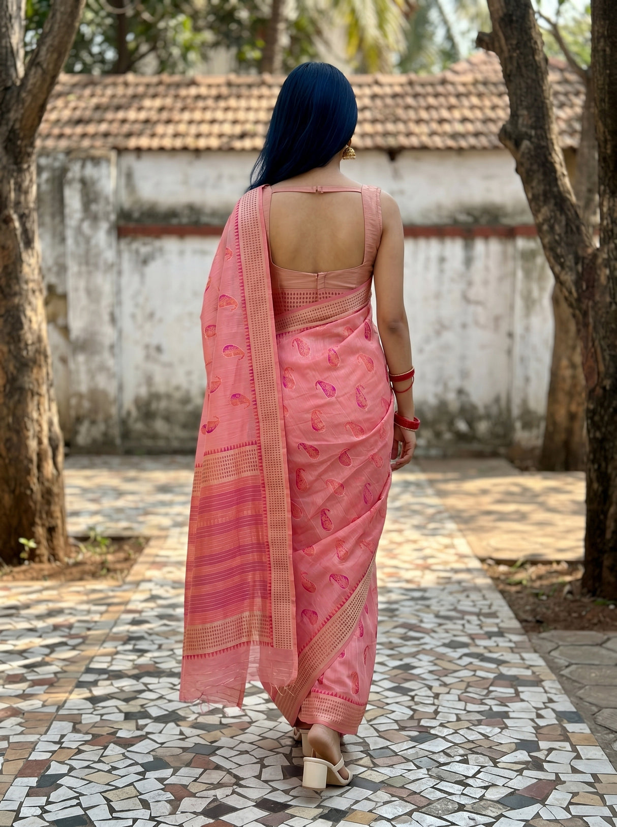 MIMOSA Pink Banarasi Linen Saree — pose 2 styling detail