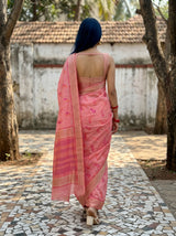 MIMOSA Pink Banarasi Linen Saree — pose 2 styling detail