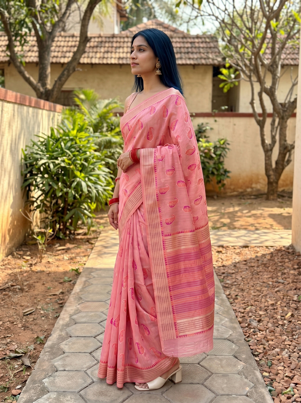 MIMOSA Pink Banarasi Linen Saree — pose 3 styling detail