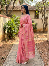 MIMOSA Pink Banarasi Linen Saree — pose 3 styling detail