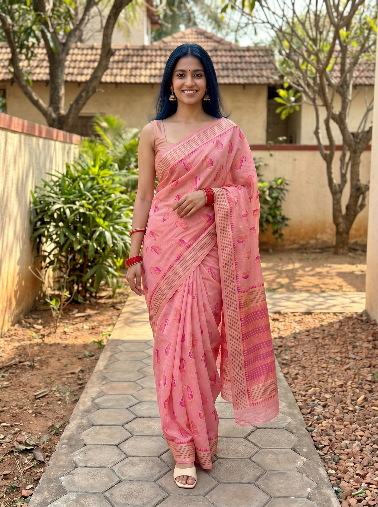 MIMOSA Pink Banarasi Linen Saree — pose 6 styling detail
