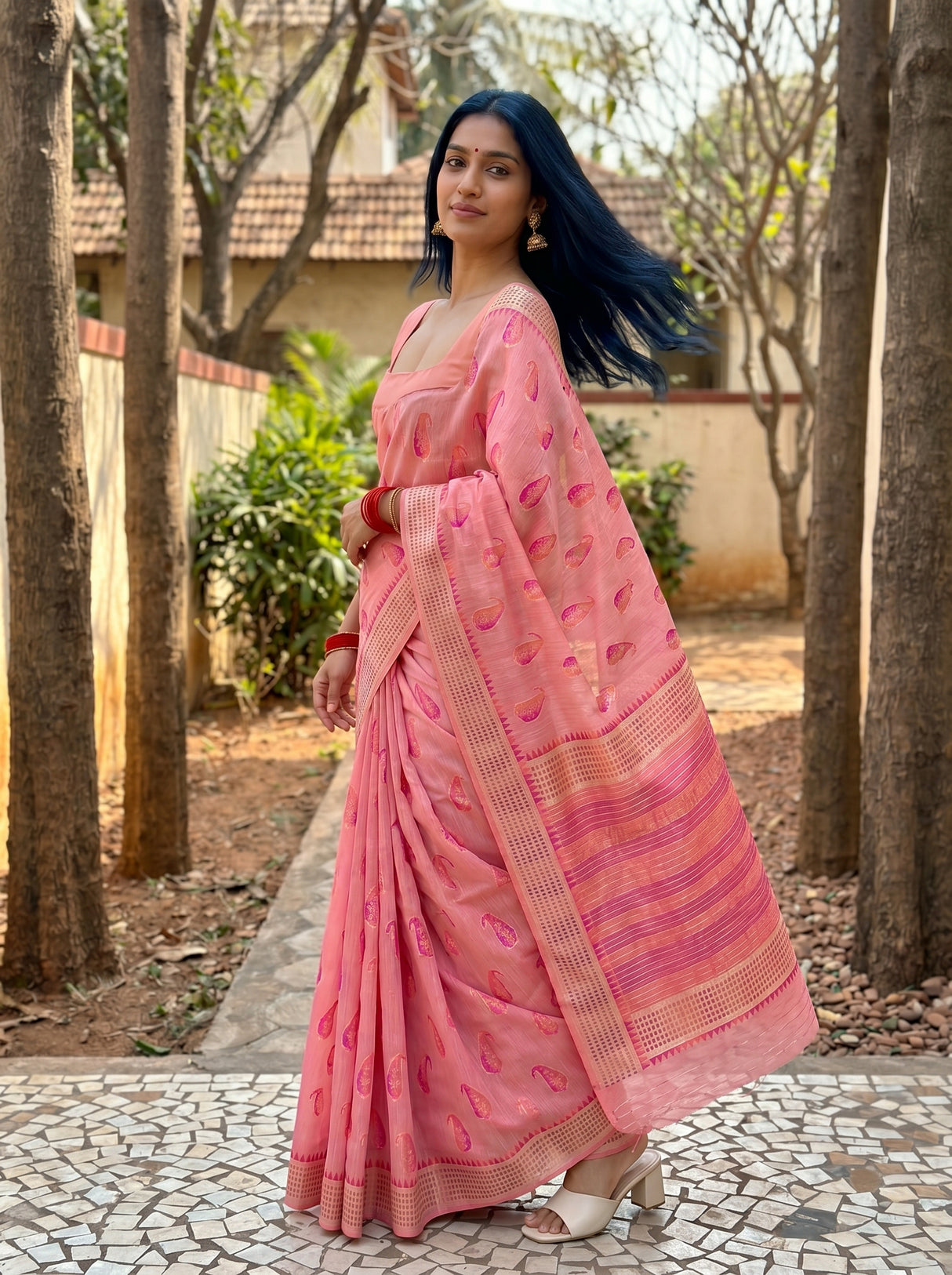 MIMOSA Pink Banarasi Linen Saree — pose 7 styling detail