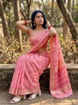 MIMOSA Pink Banarasi Linen Saree — pose 8 styling detail