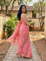 MIMOSA Pink Banarasi Linen Saree — pose 9 styling detail