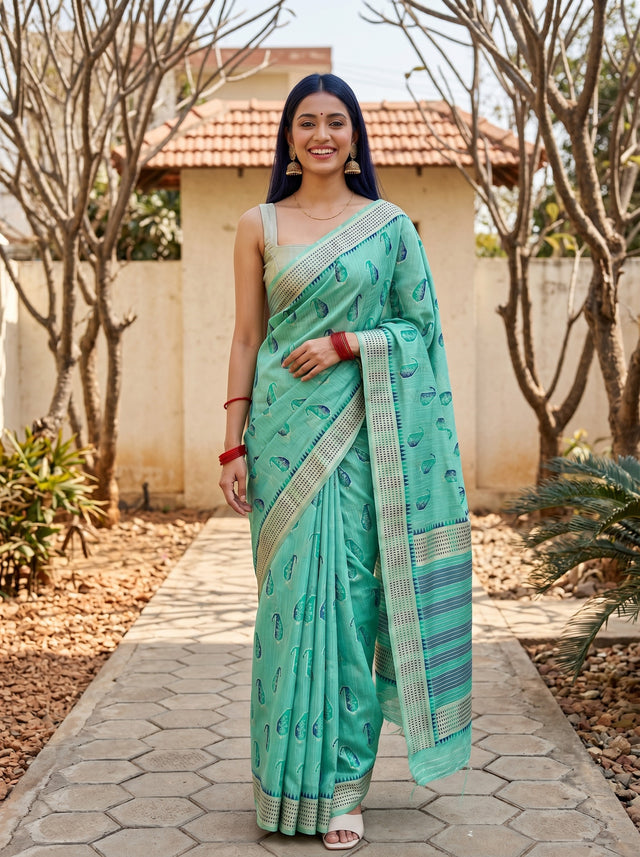 MIMOSA Rama Banarasi Linen Saree — front view on mannequin