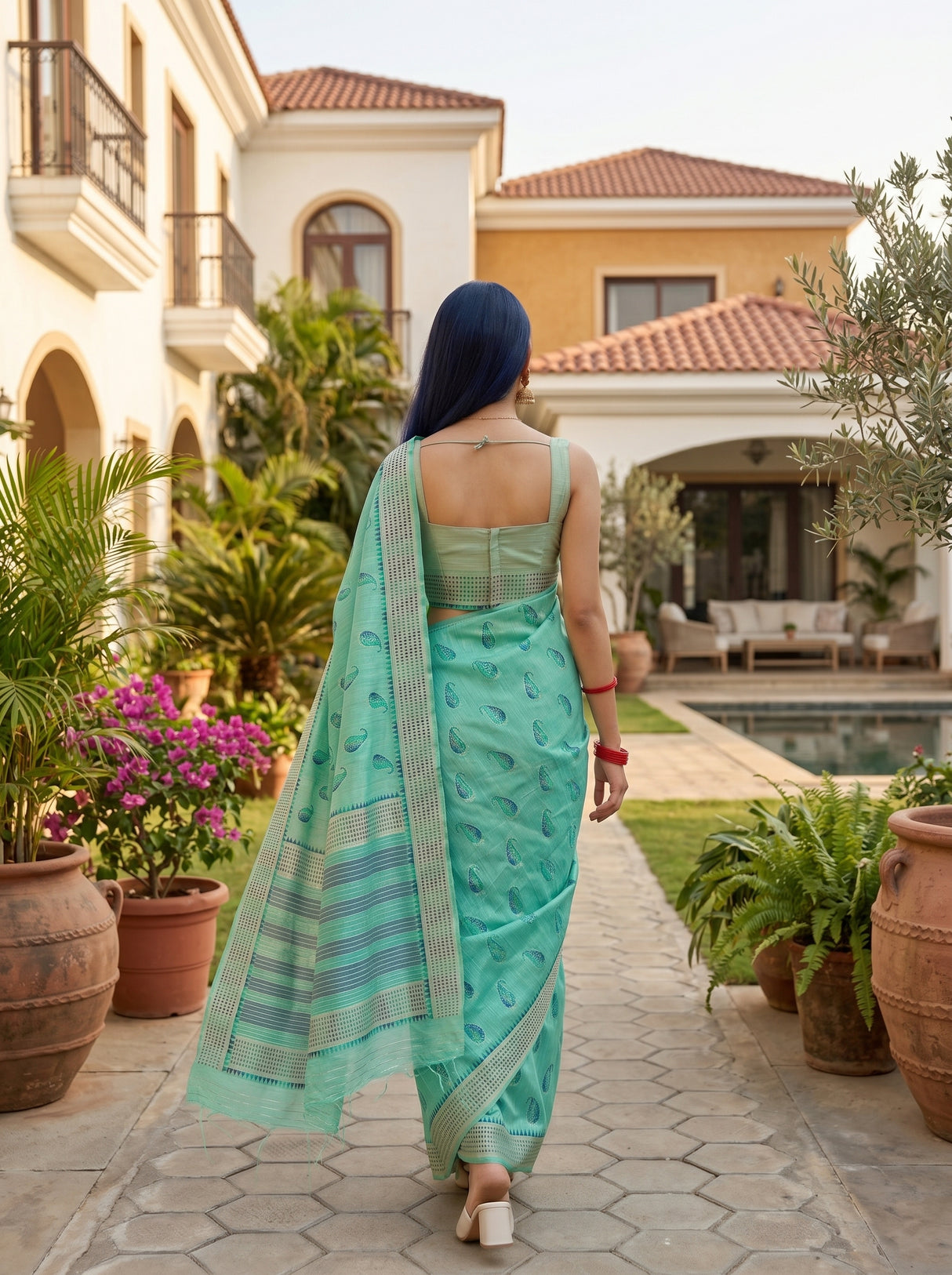 MIMOSA Rama Banarasi Linen Saree — pose 2 styling detail