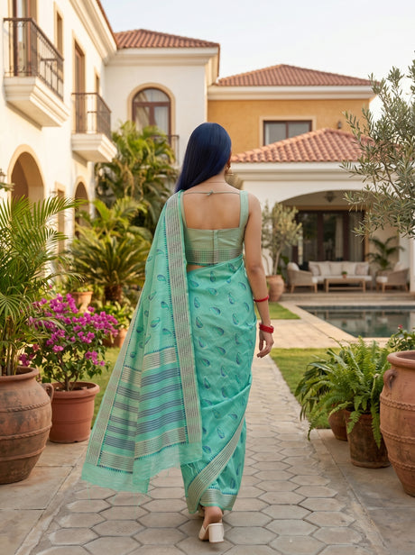 MIMOSA Rama Banarasi Linen Saree — pose 2 styling detail