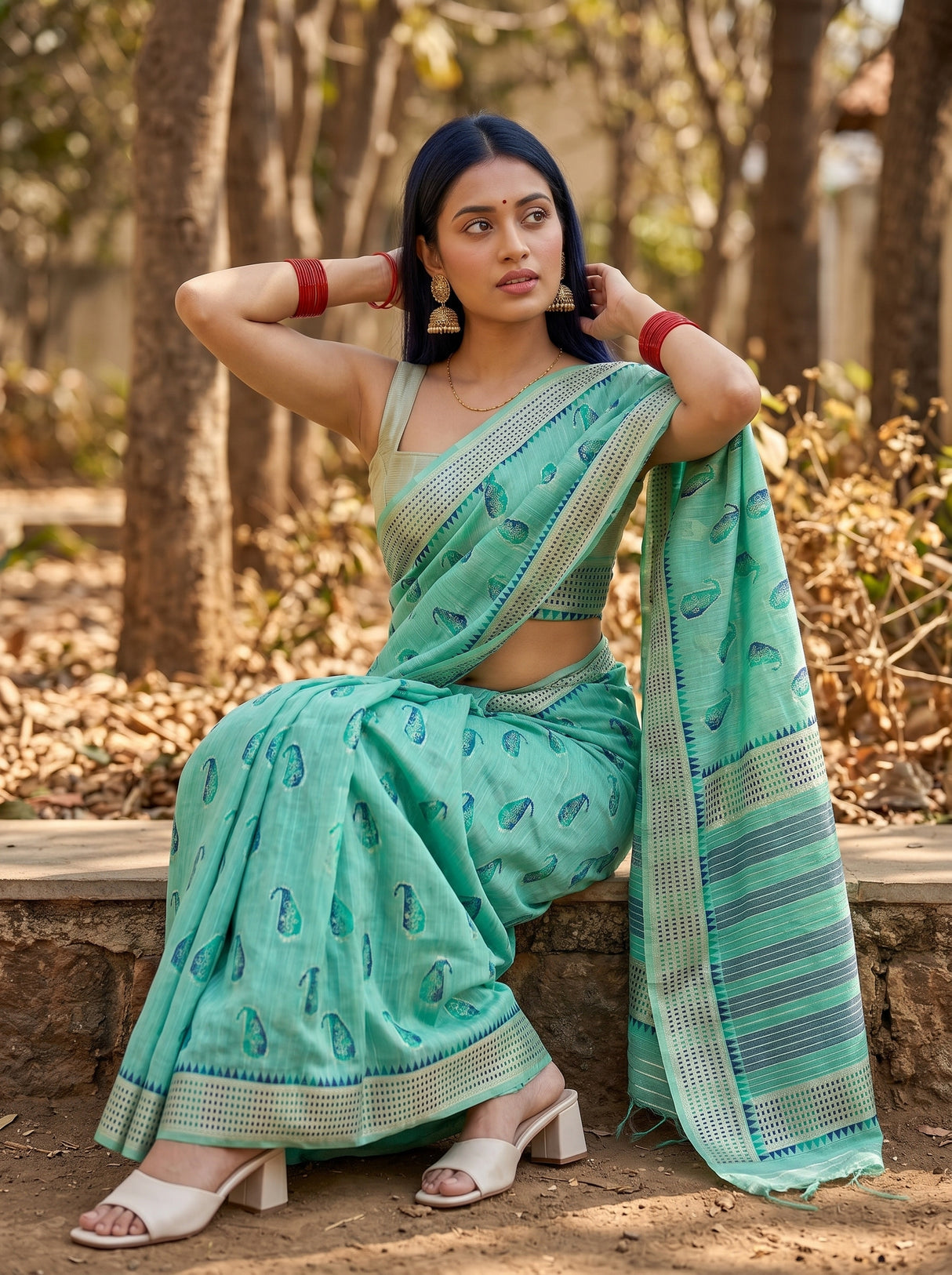 MIMOSA Rama Banarasi Linen Saree — pose 8 styling detail