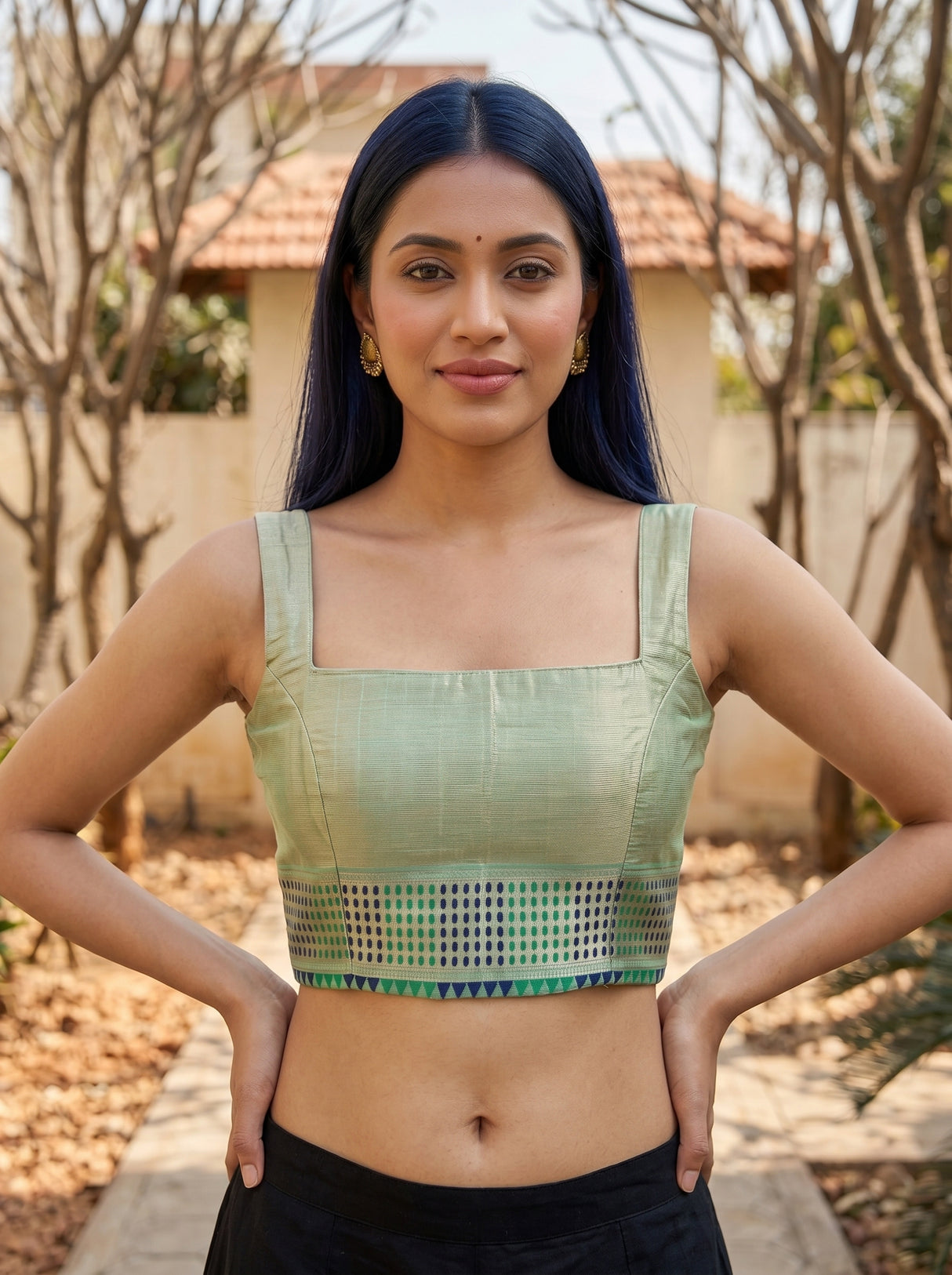 MIMOSA Rama Banarasi Linen Saree — blouse close-up