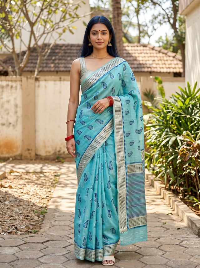 MIMOSA Sapphire Banarasi Linen Saree — front view on mannequin