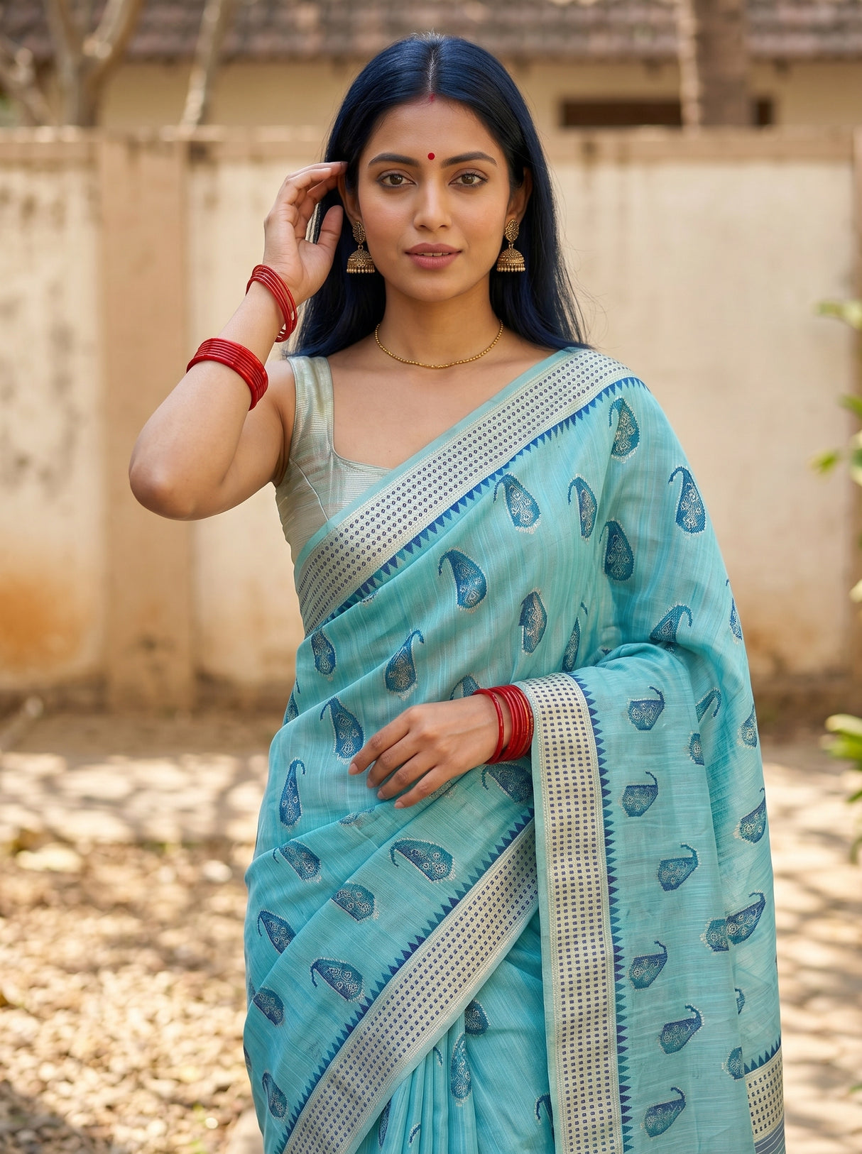 MIMOSA Sapphire Banarasi Linen Saree — pose 10 styling detail